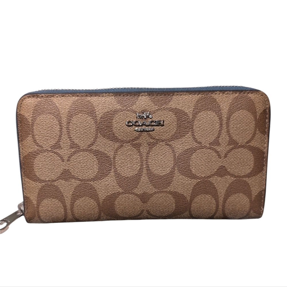 Coach Long Zip-Around Wallet Canvas Preloved Brown Blue Stylish